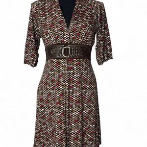 Candie's Brown Geo Print Belted Dress with Pink and Cream Accents